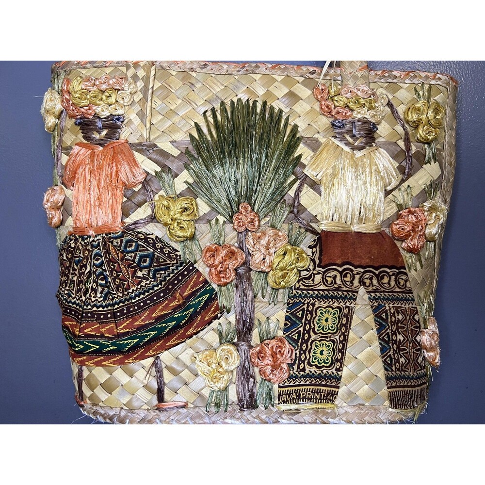 Vintage Straw Tote Bag Womens Large Beige Tropical Floral Applique Lined - Picture 2 of 11